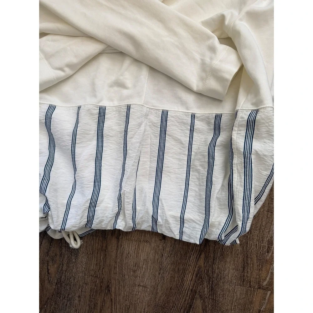 Mello Day Hooded Cardigan Womens Medium Cream Blue Striped Mixed Media Open Fron